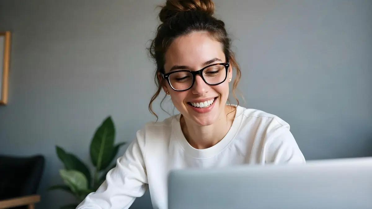 Woman looking at her laptop, smiling.